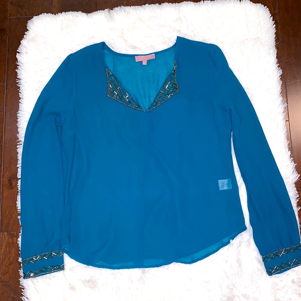 Blouse sheer ~ Turquoise Green w/ copper embellishments
